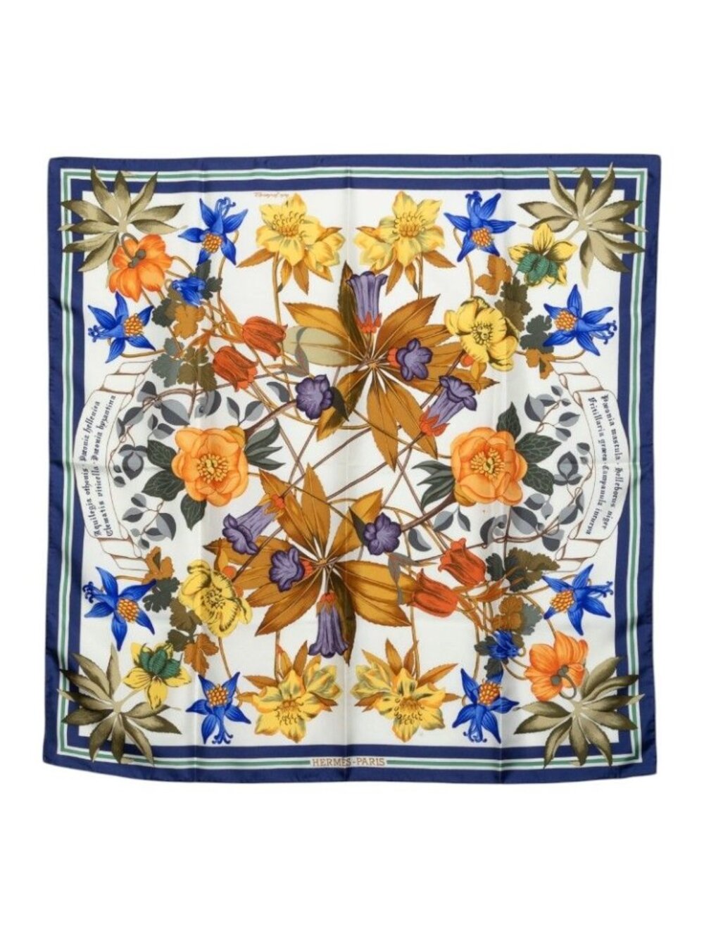 Hermes Carre 90 Fleurs D'hellade Hellas Scarf White Blue Multicolor Silk